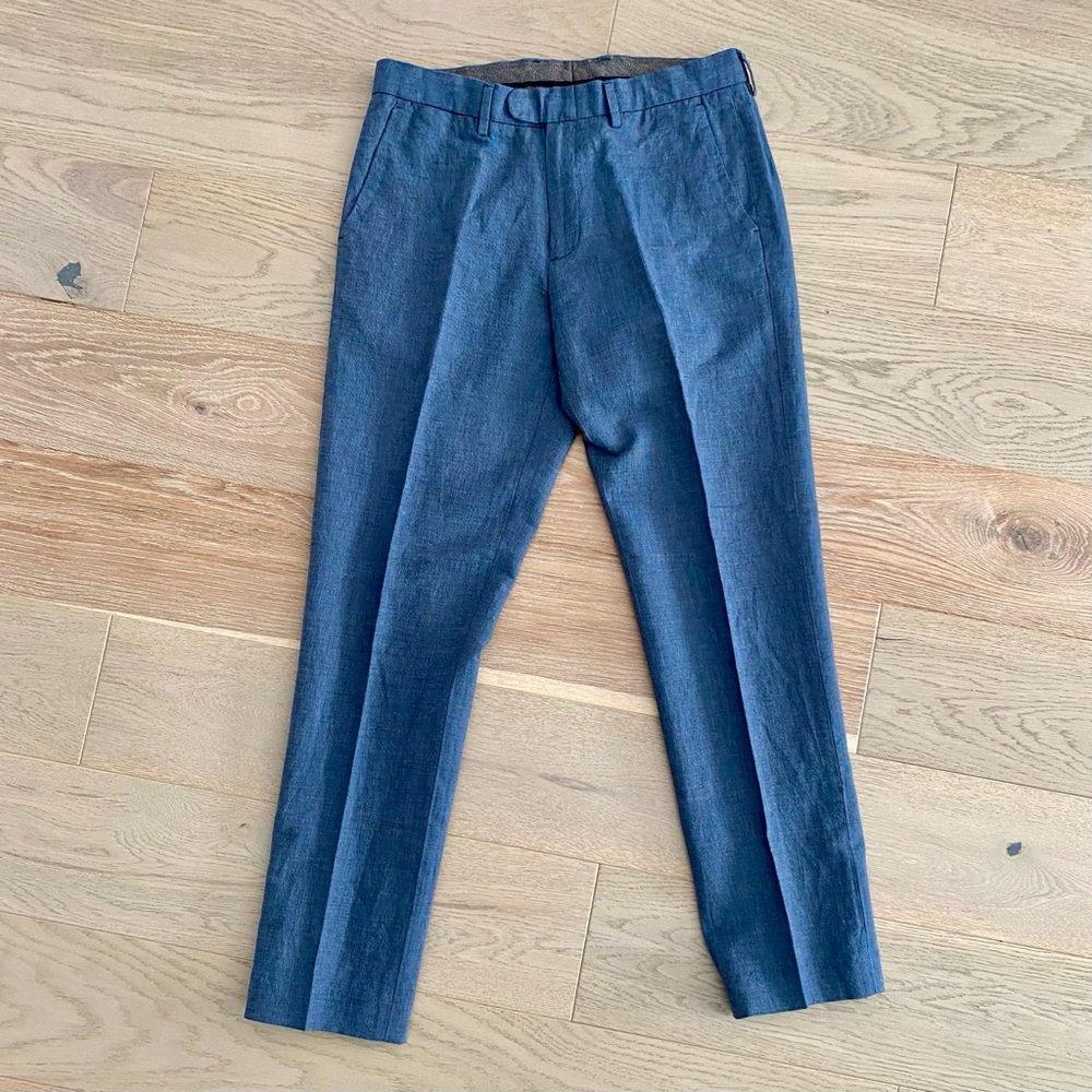 J.Crew Bowery men’s denim blue slim fit chino pant, linen / cotton blend, W 32 L